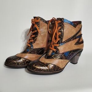 L' Artiste Heeled Boots Leather Blue Gold Copper Lace Up Zipper Side